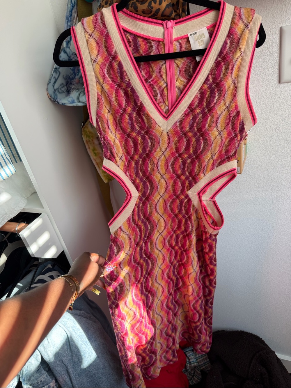 Anna Sui Pink, Yellow & Cream Wave-Pattern Cutout Knit Midi Dress